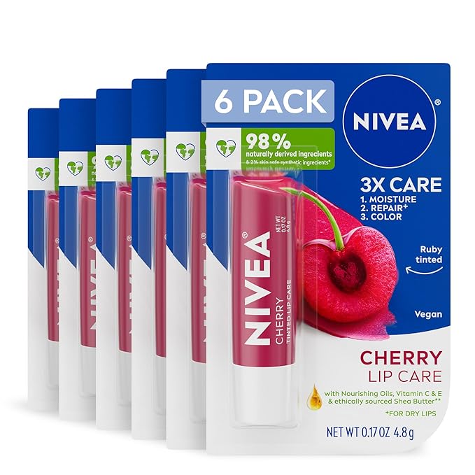 NIVEA Cherry Lip Care, Tinted Lip Balm with Shea Butter, Nourishing Oils and Vitamin C & E, 3-in-1 Moisture, Repair (for Dry Lips) and Color, 0.17 Oz Stick (Pack of 6)