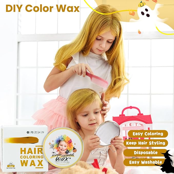 Temporary Gold Hair Color Wax for Kids, Blonde Colored Hair Styling Mud, Washable Goledn Style Dye for Girls Boys Teens, DIY Instant Hair Coloring Gel Cream for Cosplay Halloween Children's Day