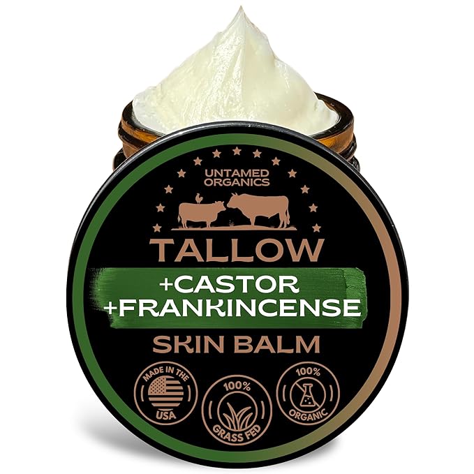Handmade Tallow, Castor Oil, and Frankincense Oil Skin Balm - 100% Grass-Fed Tallow for Skin Care - Face & Body Moisturizer for Sensitive Skin, Eczema All-Purpose Balm - 2 FL. oz.