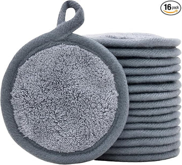 Reusable Makeup Remover Pads 16 Pack Microfiber Cleansing Facial Rounds Wipes Face, Eyes, Lips（3.5inch, grey）