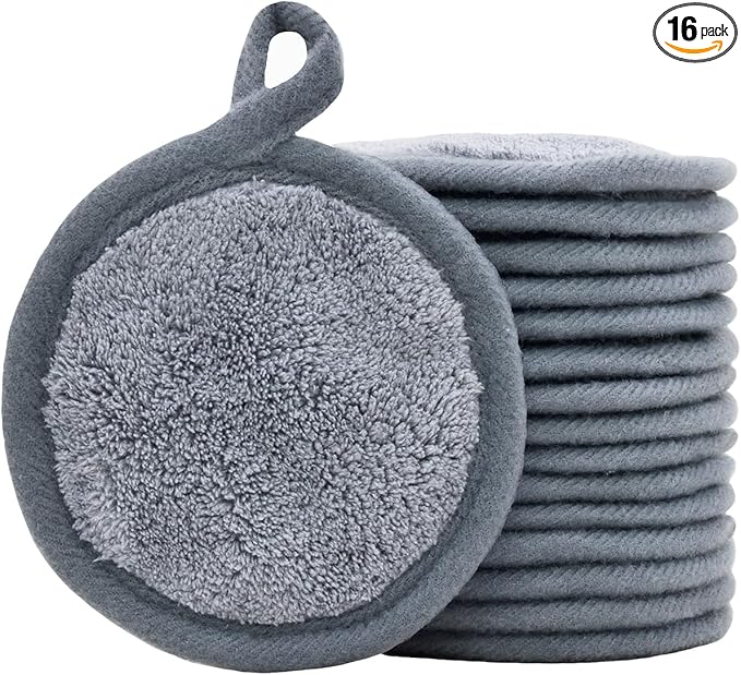 Reusable Makeup Remover Pads 16 Pack Microfiber Cleansing Facial Rounds Wipes Face, Eyes, Lips（3.5inch, grey）