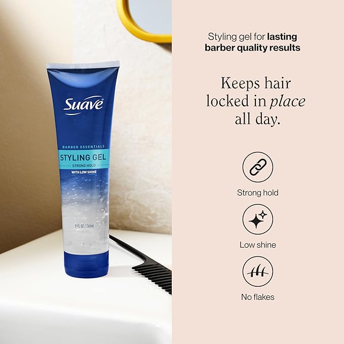 Suave Hair Gel For Men Barber Essentials Styling, Strong Hold and Low Shine, No Flakes, Barber-Quality Results, 9 oz