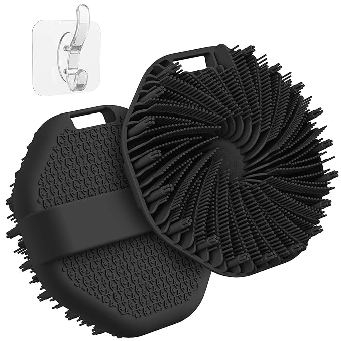 ManmiHealth 2 PCS Silicone Body Scrubber Shower Brush, Upgrade Super-Exfoliating Shower Scrubber with Non-Slip Hand Strap, Silicone Body Buffer for Use in Shower with a Free Hook (Black*2)