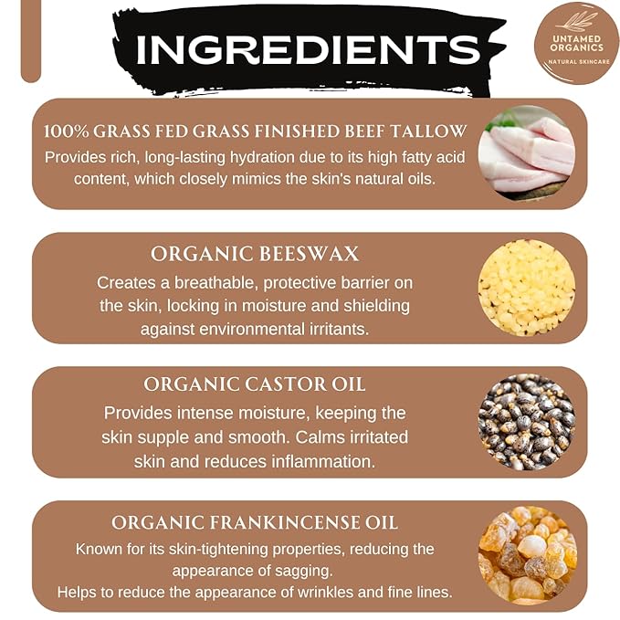 Handmade Tallow, Castor Oil, and Frankincense Oil Skin Balm - 100% Grass-Fed Tallow for Skin Care - Face & Body Moisturizer for Sensitive Skin, Eczema All-Purpose Balm - 2 FL. oz.