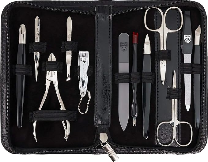 3 Swords Germany – Brand Quality 12 Piece Manicure Pedicure Grooming kit Set for Professional Finger & Toe Nail Care with Black Synthetic Leather case - Made in Germany