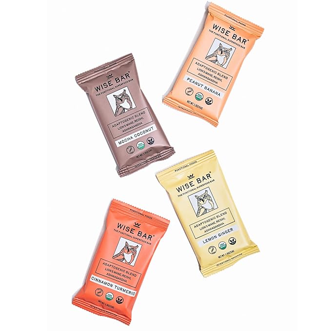 Wise Bar, Adaptogen Mushroom Bar Variety Box 12 Count , 3 Lemon Ginger, 3 Mocha Coconut, 3 Peanut Banana, 3 Cinnamon Turmeric | Functional Mushrooms and Adaptogens Bar | Organic Nutrition Energy Bars, Vegan, Gluten Free