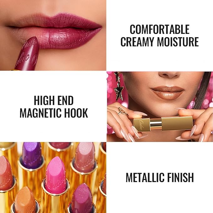 Oulac Glitter Gold Lipstick for Women with Metallic 3D Shine Lightweight Hydrating Formula, High Impact Lip Color, Vegan Beauty, Full Coverage Lip Makeup, Christmas Gifts for Women, Celebration(18)