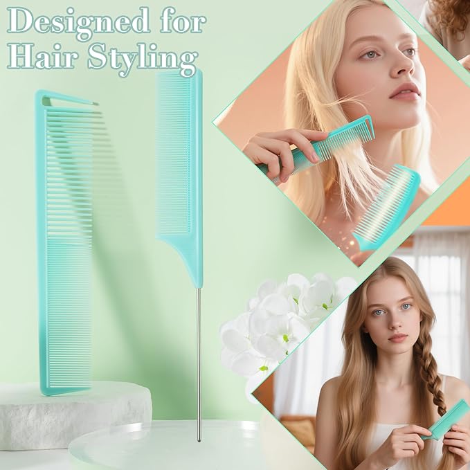 SALONSILK Mint Green 4PCS Professional Comb Set, Wide Tooth Rat Tail Fine Tooth Hair Combs, Braiding Cutting Barber Styling Curly Parting Set for Men and Women