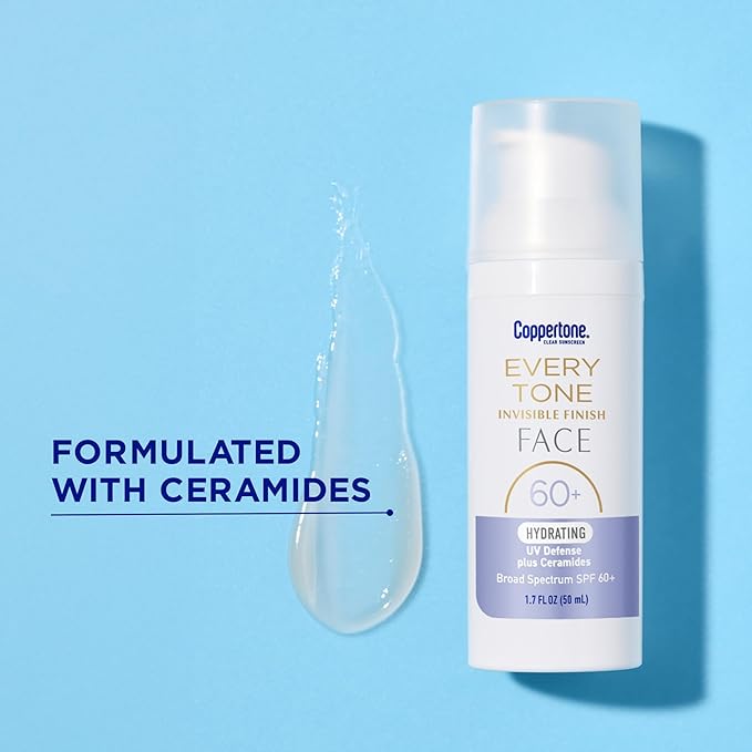 Coppertone Every Tone Invisible Finish Hydrating UV Defense Face Sunscreen SPF 60+ with Ceramides, Lightweight, Blends in Clear Sunscreen for All Skin Tones, 1.7 Fl Oz Pump Bottle