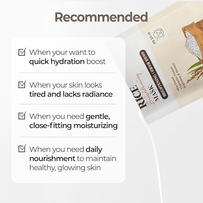 SKINFOOD Rice Daily Sheet Mask, Hydrating and Nourishing Face Mask with Rich Rice Essence, Vegan Korean Skincare for Smooth, Clear, Radiant Skin (10 EA)