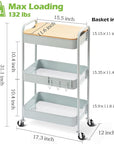 TOOLF 3-Tier Rolling Cart with Table Top, Metal Storage Cart on Wheels, Utility Organizer with Wooden Tray, Lockable Casters, Easy Assembly for Bathroom, Bedroom, Baby Room, Kitchen, Green