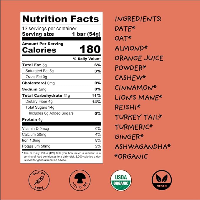 WISE BAR Adaptogen Mushroom Bars | Cinnamon Turmeric Flavor | 12 Count | Functional Mushrooms and Adaptogens Bar | Organic Nutrition Energy Bars, Vegan, Gluten Free