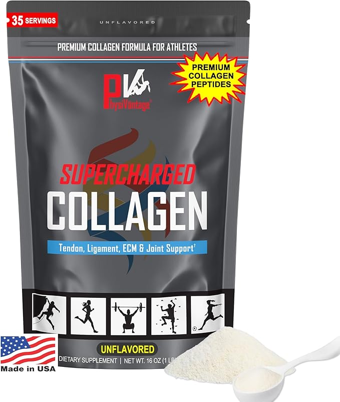 PhysiVantage Supercharged Collagen Peptides Powder - Hydrolyzed Collagen for Joint, Tendon, Ligament, & Skin Health Support - Unflavored, Keto, Paleo, 16oz | Enhanced with Vitamin C, BCAAs, Grass-Fed