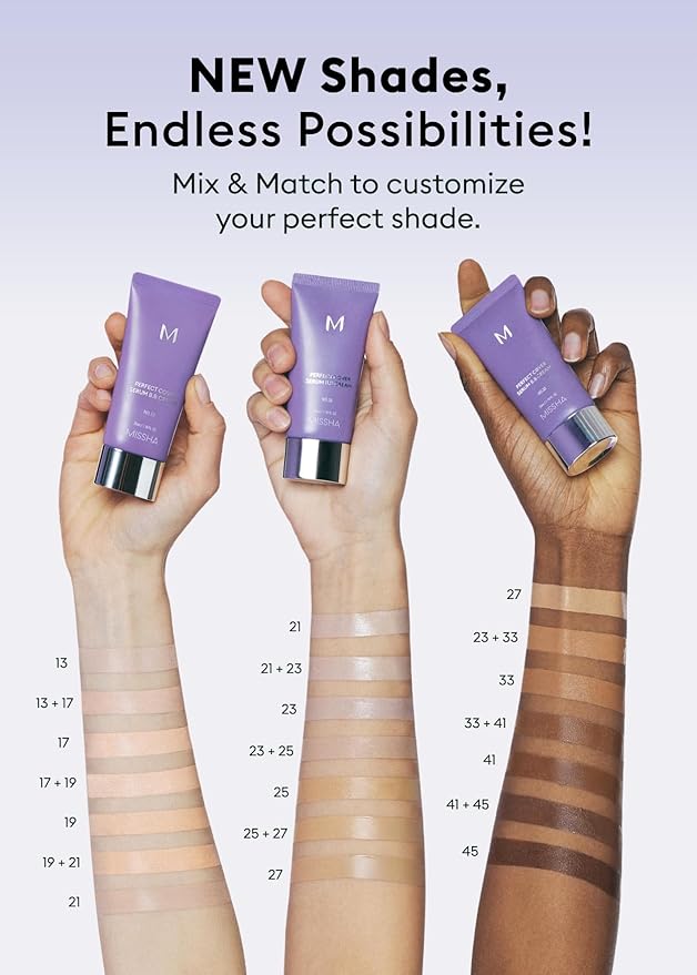 MISSHA M PERFECT COVER SERUM BB CREAM No.13 Light Fair- Fair with Cool Undertone, Skin Tint, Tinted Moisturizer, Skin Care Foundation Makeup, Superfood Complex, Glass Skin, Korean Makeup,1.18 Fl oz