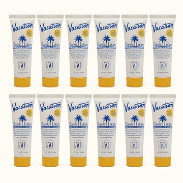 Vacation Mini Classic Lotion SPF 50, Water-Resistant, Mini Sunscreen Bulk Party Favor, Beach Must Haves, Traveling Essentials, Suntan Lotion Travel Size, 1 Fl. Oz. (Value Pack of 12)