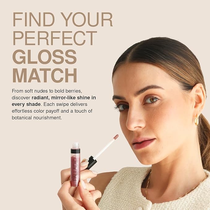 Palladio Lip Gloss, Champagne, Non-Sticky, Contains Vitamin E and Aloe, Offers Intense Color and Moisturization, Minimizes Lip Wrinkles, Softens Lips with Beautiful Shiny Finish, Facet Diamond