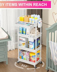 Goovilla 4 Tier Rolling Utility Cart Organizer with Removable Drawer, Stable and Sturdy White Rolling Storage Carts with 2 Lockable Wheels for Bathroom, Kitchen, Snack, Craft, Makeup, Baby Essentials