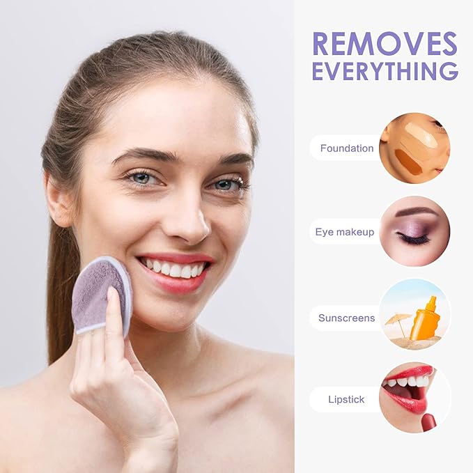 SUNLAND Reusable Makeup Remover Pads for Face,Eye,Lips 16 Pack Microfiber Face Cleansing Gloves Washable with Laundry Bag and Travel Bag Rounds Toner Pads (Round 3.15inchx16, dpurple)