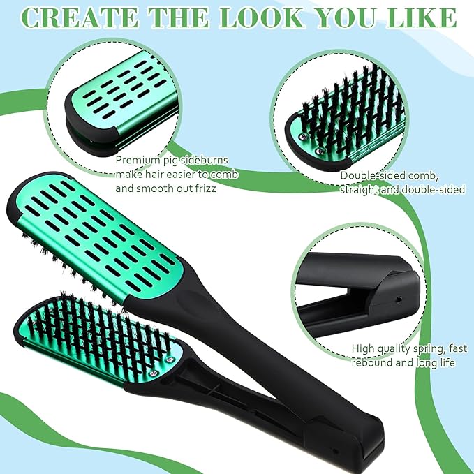 Chengu 2 Pcs Boar Bristles Double-Sided Brush and Flat Iron Comb for Hair Straightening, Styling, and Detangling Knotty Hair (Black, Green)