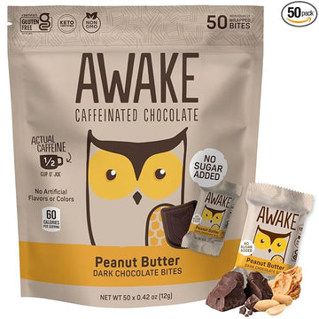 AWAKE - Caffeinated Chocolate Bites - Peanut Butter Dark Chocolate (No Sugar Added), 50 Bites - 50mg Caffeine - Energy Bites - Coffee Alternative - Fairtrade, Gluten Free, Non GMO - 0.48oz