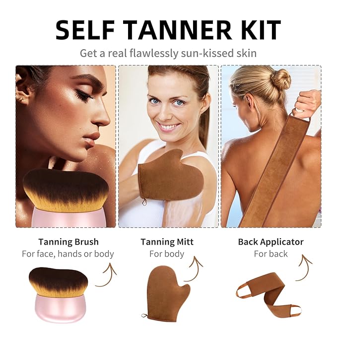 FUNAN Self Tanning Applicator Kit with Soft Mitt, Back Lotion Strap, and Ultra Soft Rose Gold Kabuki Brush, Brown, 3 Piece Set