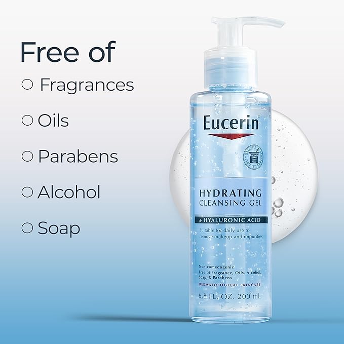 Eucerin Hydrating Cleansing Gel, Daily Face Wash and Makeup Remover Formulated with Hyaluronic Acid, 6.8 Fl Oz Bottle