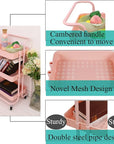 3-Tier Multifunction Rolling Cart Utility Storage Shelves Cart with Hanging Cup Lockable Wheels and Handle for Office Living Room Kitchen Bathroom (Pink)