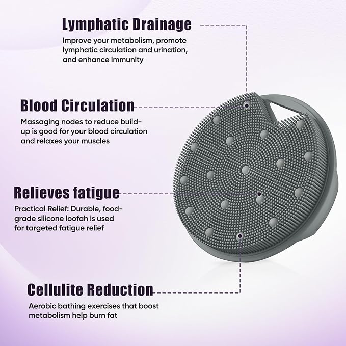 Lymphatic Drainage Silicone Body Scrubber for Shower - Exfoliating Silicone Loofah with Zinc Infused and Stiff Massage Nodes，for Improving Skin Health and Reduces Acne -Dark Gray