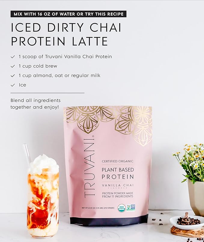 Truvani Vegan Pea Protein Powder | Vanilla Chai | 20g Organic Plant Based Protein | 20 Servings | Keto | Gluten & Dairy Free | Low Carb | No Added Sugar