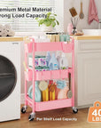 3 Tier Rolling Cart on Wheels, Metal Utility Storage Cart with Wheels, Three Tiered Craft Carts Organizer with Hanging Cups, Hooks, Mesh Basket for Bedside, Kitchen, Bathroom, Office, Art, Snack, Pink