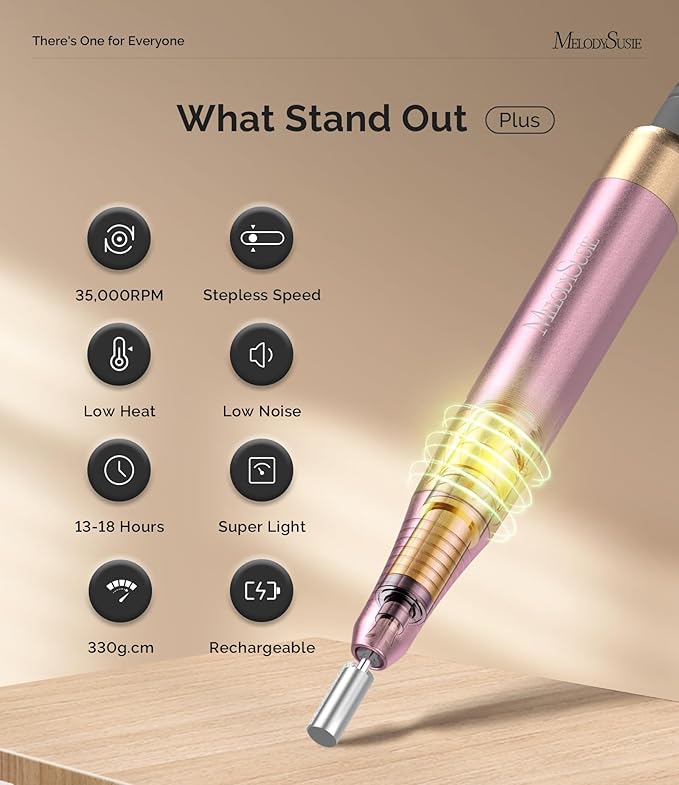 MelodySusie 2 in 1 Professional 35,000 RPM Nail Drill Kit, Coreless Rechargeable SM330G Electric Nail File, Cordless Portable Nail E File for Acrylic Gel Nails Polish Removal, Lightweight & Quiet Pink