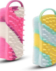2 PC Silicone Body Scrubber, 2 in 1 Exfoliating Shower Bath Scrubber, Soft Silicone Loofah for Sensitive Skin, Shower Hair Scalp Massager, Easy to Clean, Lather Well (Purple & Yellow)