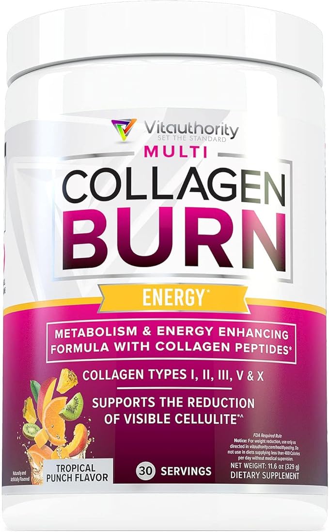 Multi Collagen Burn: MultiType Hydrolyzed Protein Peptides with Hyaluronic Acid, Vitamin C, SOD B Dimpless, Types I, II, III, V and X, with Caffeine 30 Servings Tropical Punch Flavored