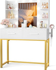 YESHOMY Vanity Desk with Mirror, Makeup Table with 2 Large Drawers, Power Outlet and Round Holder, 3 Color Modes Adjustable Bulb, White