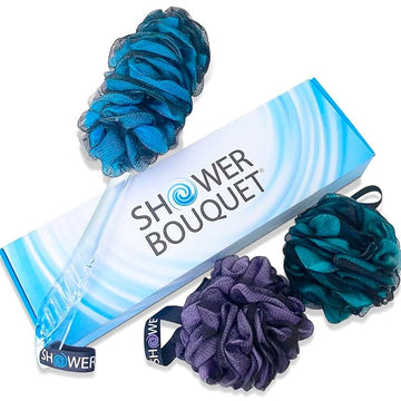 SHOWER BOUQUET Loofah-Charcoal Back-Scrubber & Bath-Sponge Color-Set // 1 Long-Handle-Back-Brush plus 2 Extra Large 75g Soft Mesh Loofa Lufa Loufa Poufs, Men & Women - Exfoliate with Full Pure Cleanse