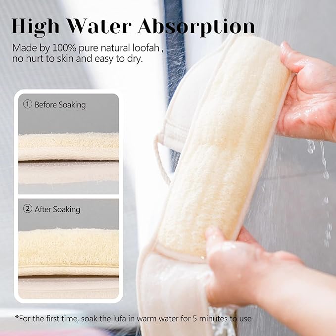 Inmorven Natural Loofah Exfoliating Back Scrubber for Shower Set (40 inch), Loofah for Men Women Sponge Pads & Body Sponge Scrubber, Deep Clean & Invigorate Your Skin, Beige
