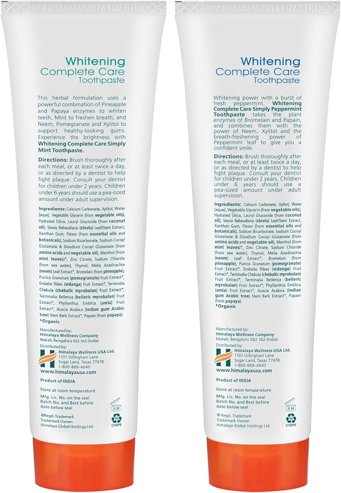 Himalaya Botanique Complete Care Whitening Toothpaste Variety Pack, Simply Mint and Simply Peppermint Flavors, Fluoride Free, for a Clean Mouth, Whiter Teeth and Fresh Breath, 5.29 oz, 2 Pack