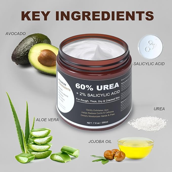 60% Urea Foot & Hand Cream with 2% Salicylic Acid - Intensive Moisturizer for Dry, Cracked Heels, Feet, Elbows, Hands and Knees - Callus Remover lotion with Jojoba Oil, Avocado Oil & Aloe Vera, 7 oz