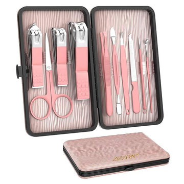 ZIZZON Travel Mini Manicure Set Nail Clipper Set 10 in 1 Stainless Steel Pedicure Care Grooming kit with Case Pink