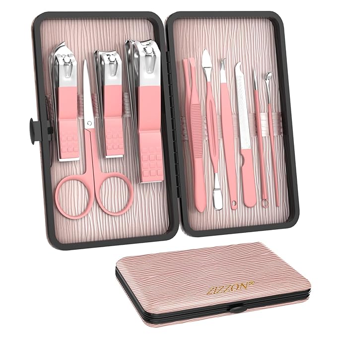 ZIZZON Travel Mini Manicure Set Nail Clipper Set 10 in 1 Stainless Steel Pedicure Care Grooming kit with Case Pink