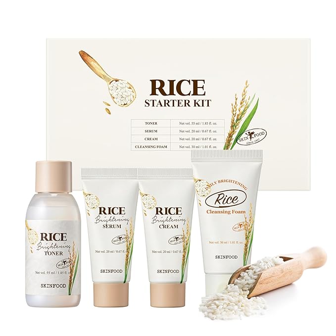 SKINFOOD Rice Starter Kit, Rice Toner, Rice Serum, Rice Moisturizer, and Rice Face Wash for Glass Skin, Korean Skin Care Set, Travel Size Kit, Stocking Stuffers, Gift Set for Women, Skincare Gift Set