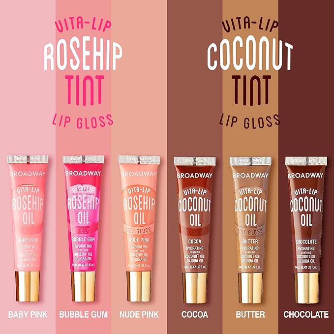 Ruby Kisses Broadway Vita-Lip Tinted & Clear Lip Gloss Set (6 Pack) Ultra-Hydrating & Soothing Formula with Vitamins, High-Shine Non-Sticky Finish Lip Balm, 3 Pcs Watermelon + 3 Pcs Grape Seed