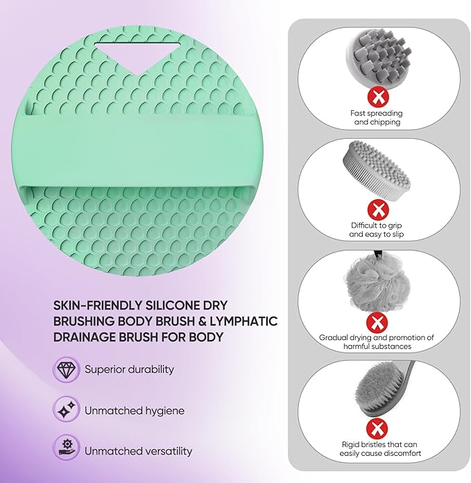Lymphatic Drainage Silicone Body Scrubber for Shower - Exfoliating Silicone Loofah with Zinc Infused and Stiff Massage Nodes，for Improving Skin Health and Reduces Acne-Green