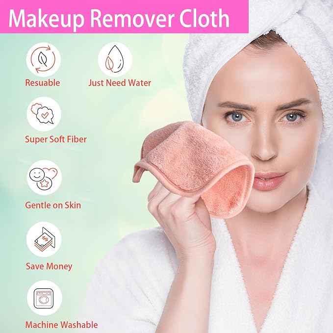 Makeup Remover Cloths for Face, Eye, Lips - Reusable Makeup Remover Pads Soft Microfiber Facial Cleansing Cloths 8 x 8 inch 6 Pack (Coral)
