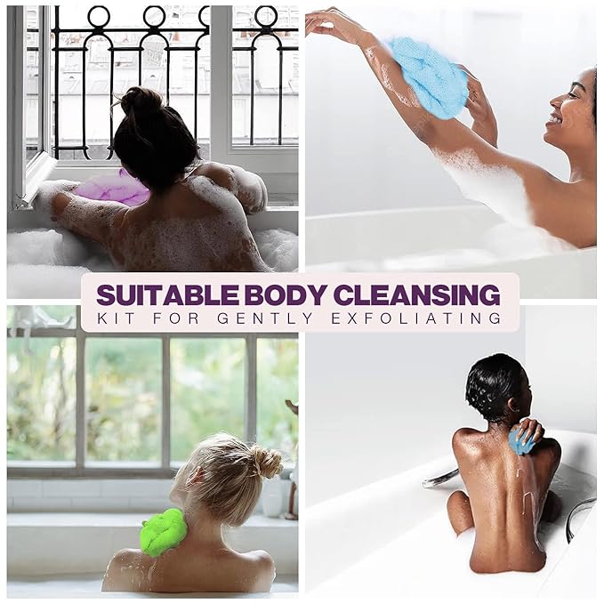 3 Pieces Exfoliating Washcloth Shower Towel African Net Sponge Japanese Wash Cloth Face Exfoliating Sponge Loofah Exfoliating Body Scrubber for Body Exfoliation (Purple,Blue,Green)