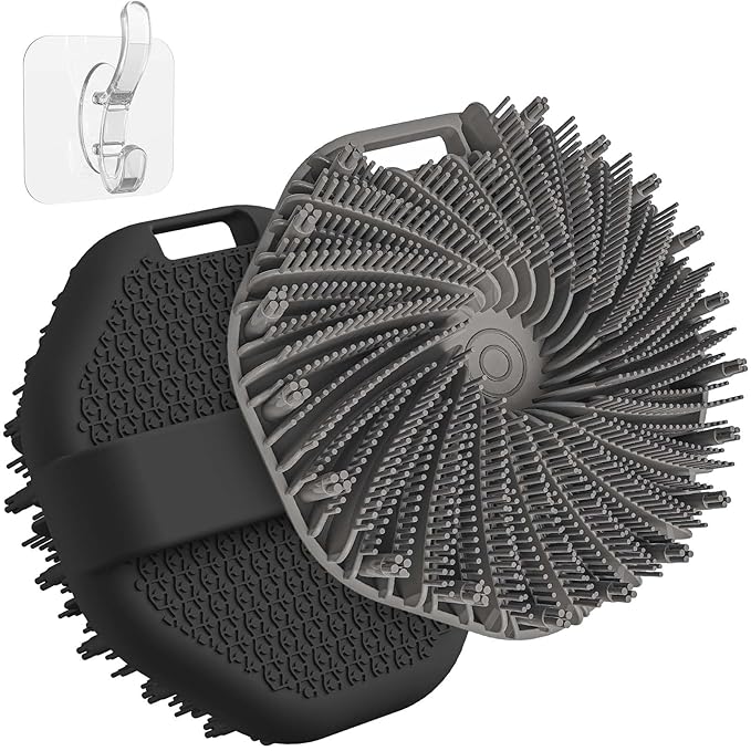 ManmiHealth 2 PCS Silicone Body Scrubber Shower Brush, Upgrade Super-Exfoliating Shower Scrubber with Non-Slip Hand Strap, Silicone Body Buffer for Use in Shower with a Free Hook (Black+Gray)