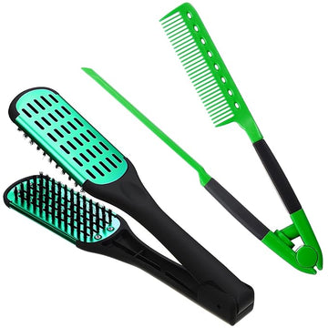 Chengu 2 Pcs Boar Bristles Double-Sided Brush and Flat Iron Comb for Hair Straightening, Styling, and Detangling Knotty Hair (Black, Green)