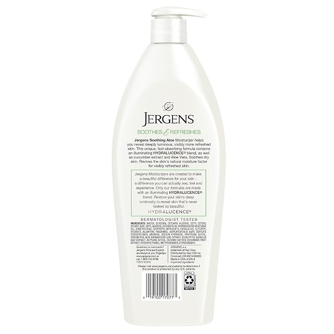 Jergens Soothing Aloe Body Lotion, Aloe Vera Body and Hand Moisturizer, Illuminating Hydralucence Blend, with Cucumber Extract, Dermatologist Tested, 21 Oz