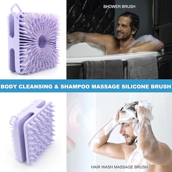 Silicone Body Scrubber Women, Dual-Sided Design Exfoliating Body Brush Buffer Scrubber and Scalp Massager, Shower Scrubber for Body, Silicone Loofah, Ergonomic No-Slip, Easy to Clean(Purple)
