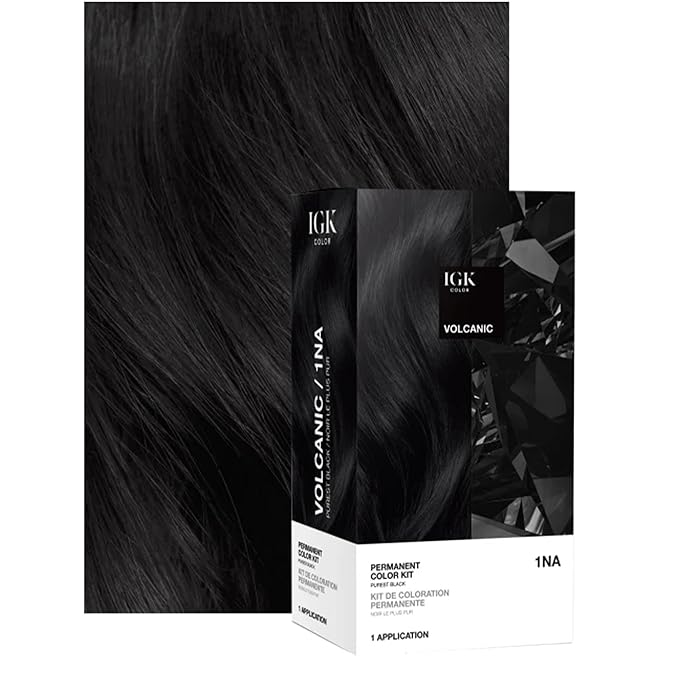 IGK Permanent Hair Dye Color Kit | 1NA Volcanic - Purest Black | 100% Gray Color Coverage + Strengthen + Shine | Ammonia Free